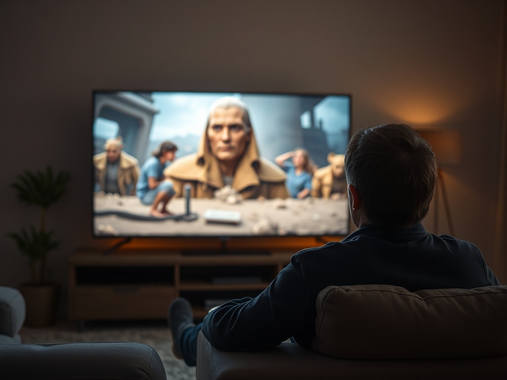 Una persona viendo una película con interés, ilustración simple