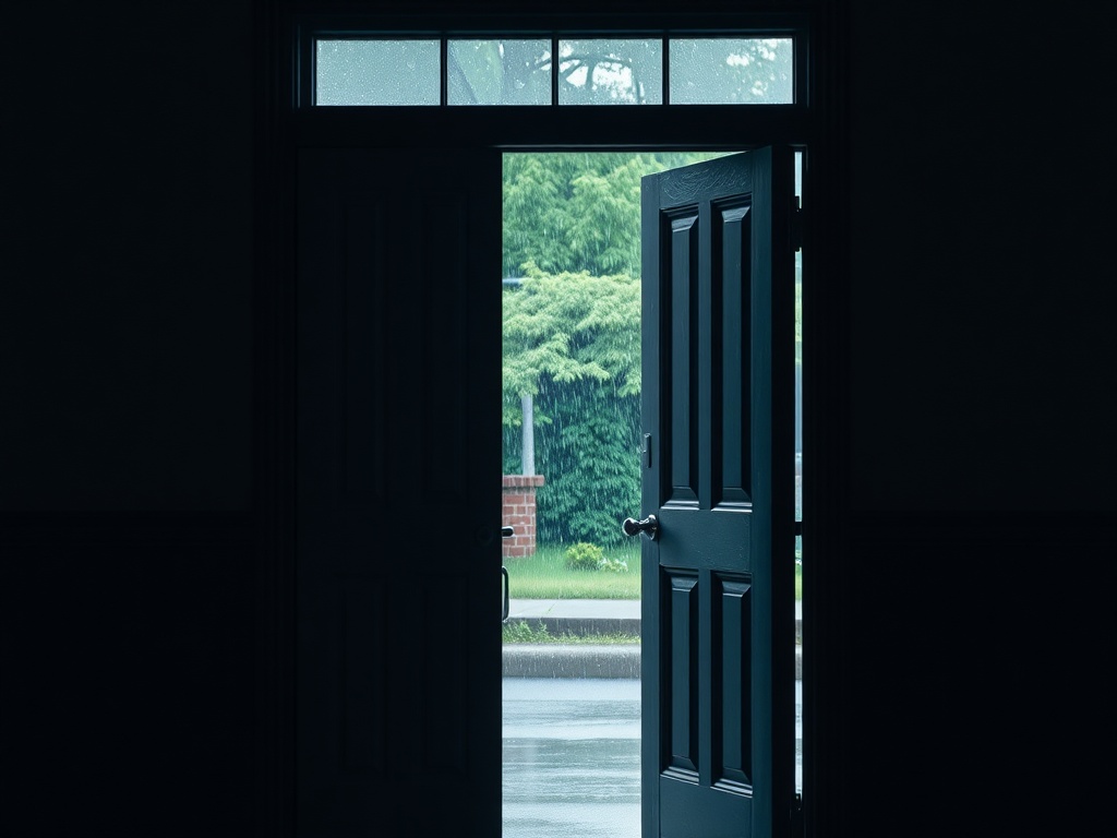 Una persona abriendo la puerta y viendo la lluvia, ilustración simple